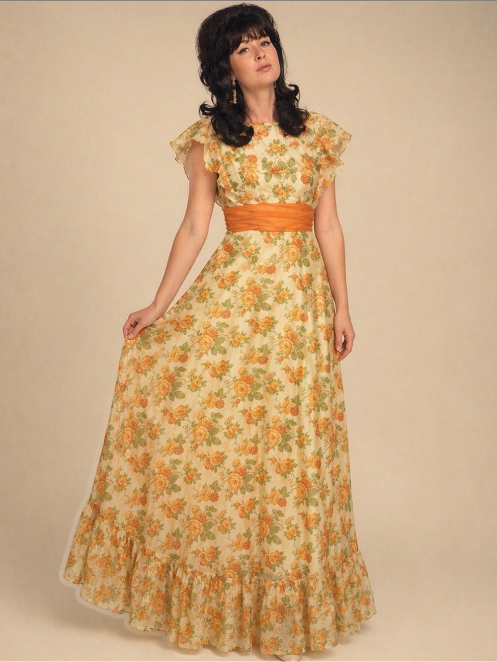 Vintage 1960s Orange Floral Maxi Dress, Formal style